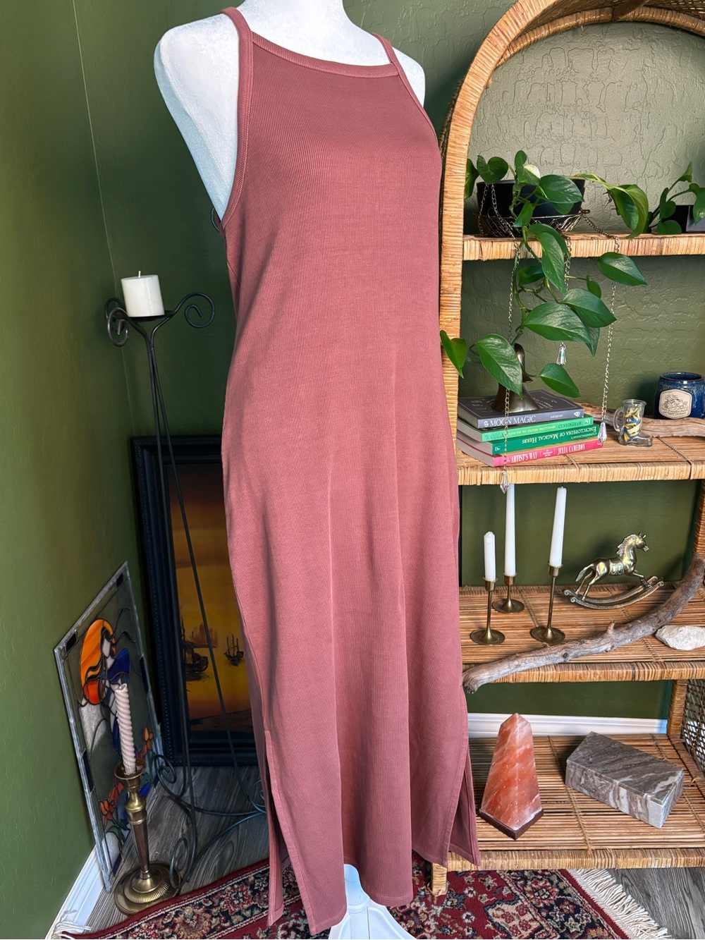 Old Navy High Neck Sleeveless Ribbed Side Slit Maxi Dress - Desert Orange Rose